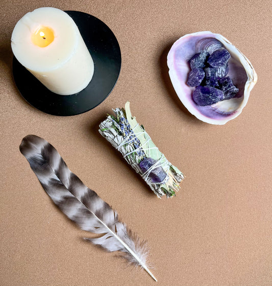 Stress and Anxiety Relief smudge stick with Lavender, Eucalyptus, White Sage, Thyme, Amethyst and Natural Feather
