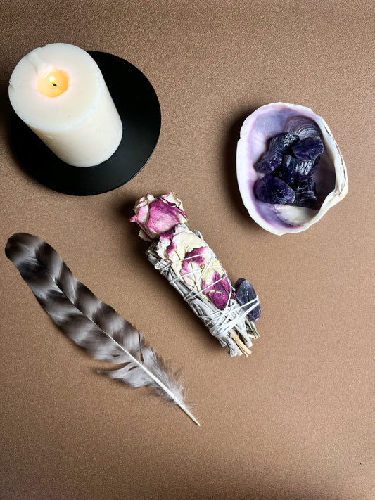 Sweet Dreams Smudge  Stick with Lavender, Sage, Amethyst, Rose and Natural Feather