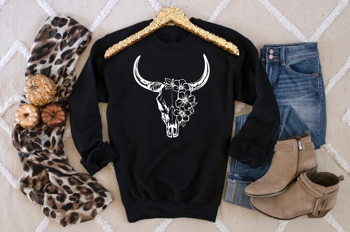 Women's Wild Boho Floral Cow Skull Black Crewneck Sweater