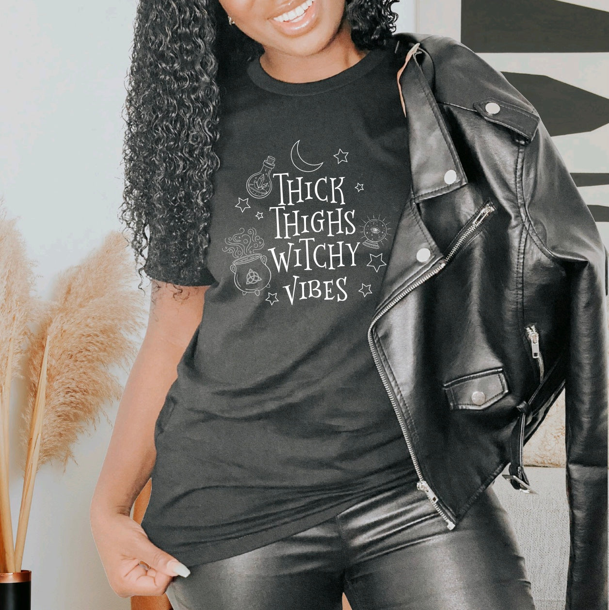 Thick Thighs Witchy Vibes Crew Neck Black T-shirt