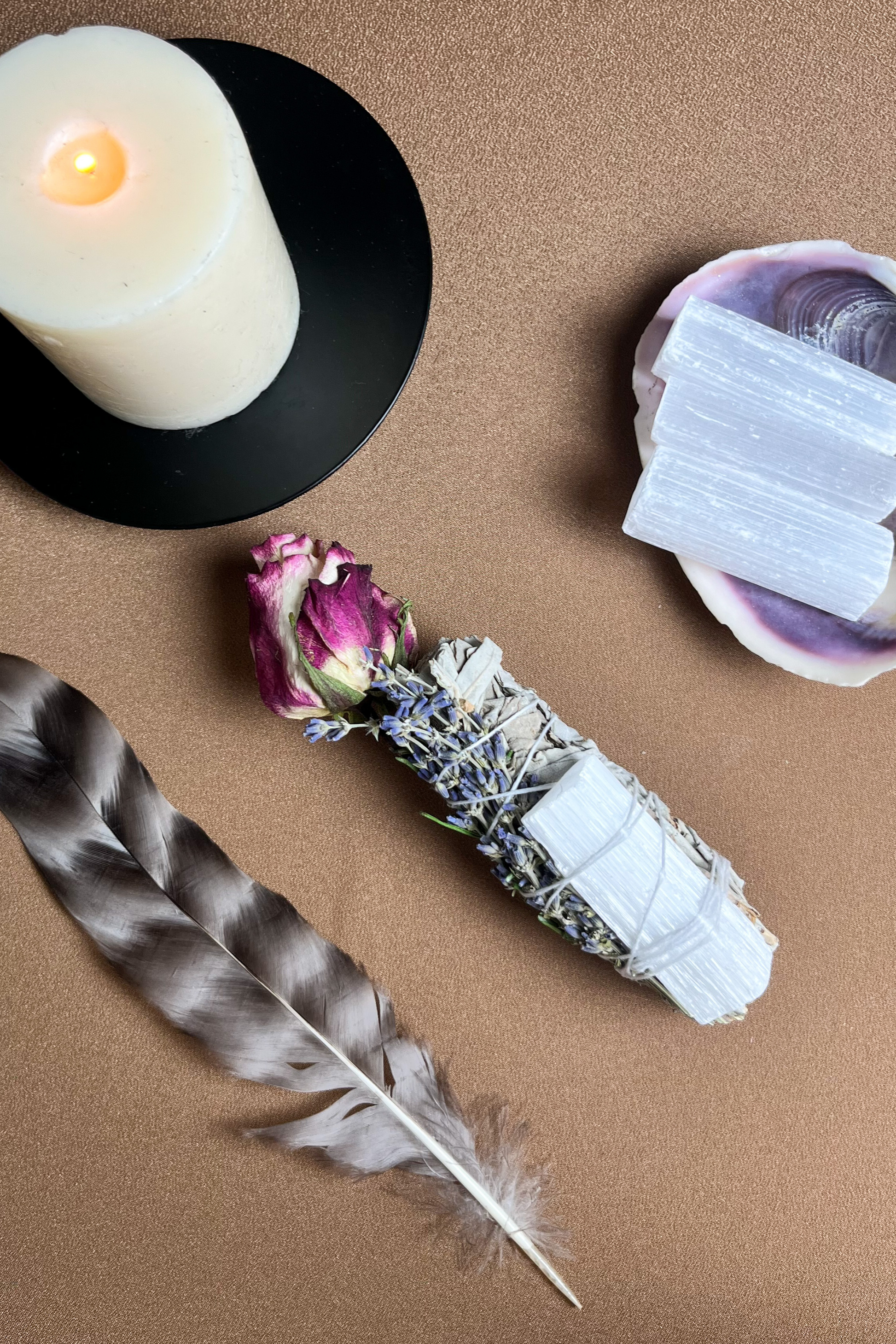 Psychic Power Smudge Stick with Lavender, Sage, Rosemary, Selenite, Rose, and Natural Feather