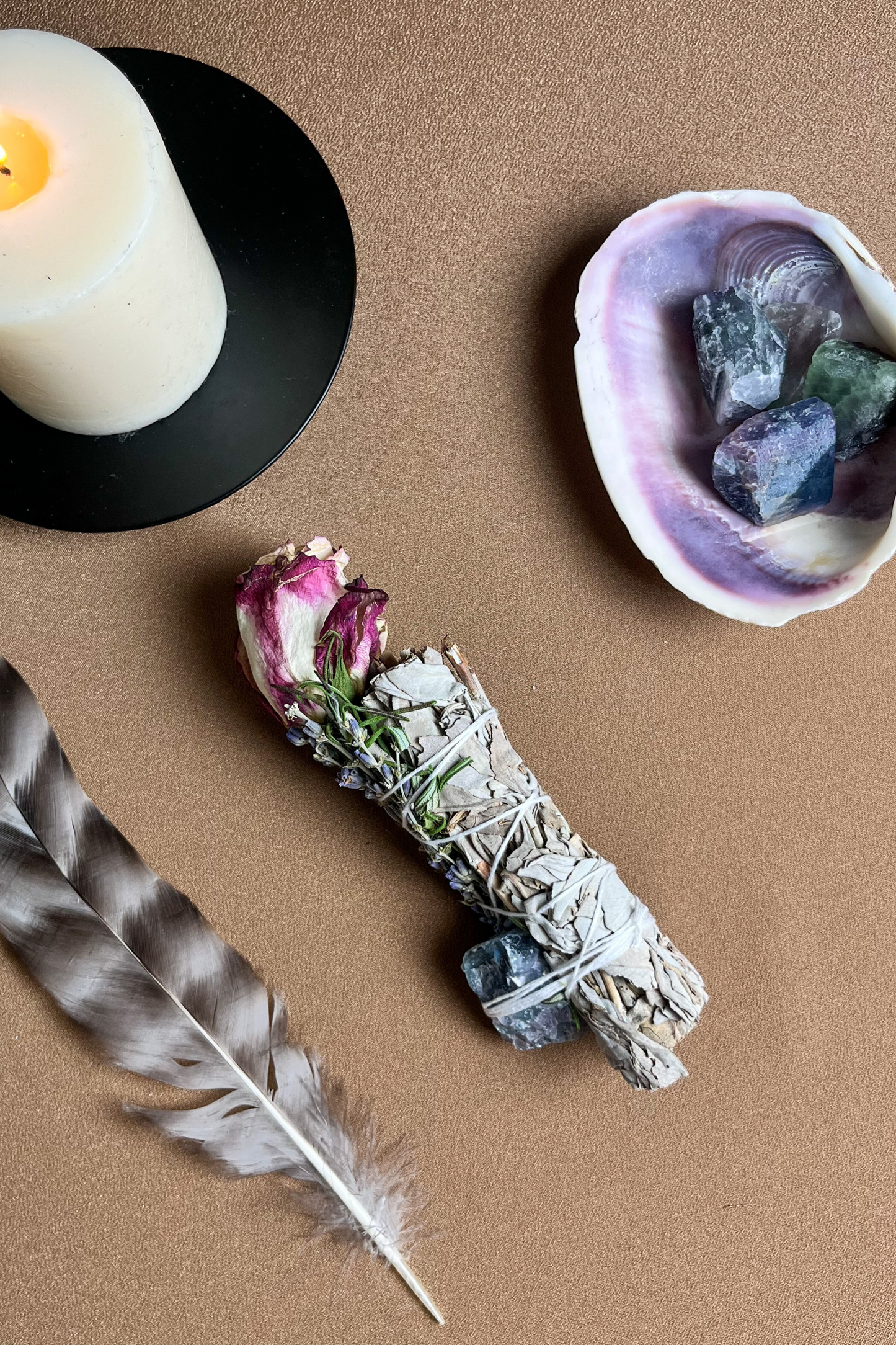 Self Love and Rejuvenation Smudge Stick with Fluorite, White Sage, Rose, Rosemary and Natural Feather