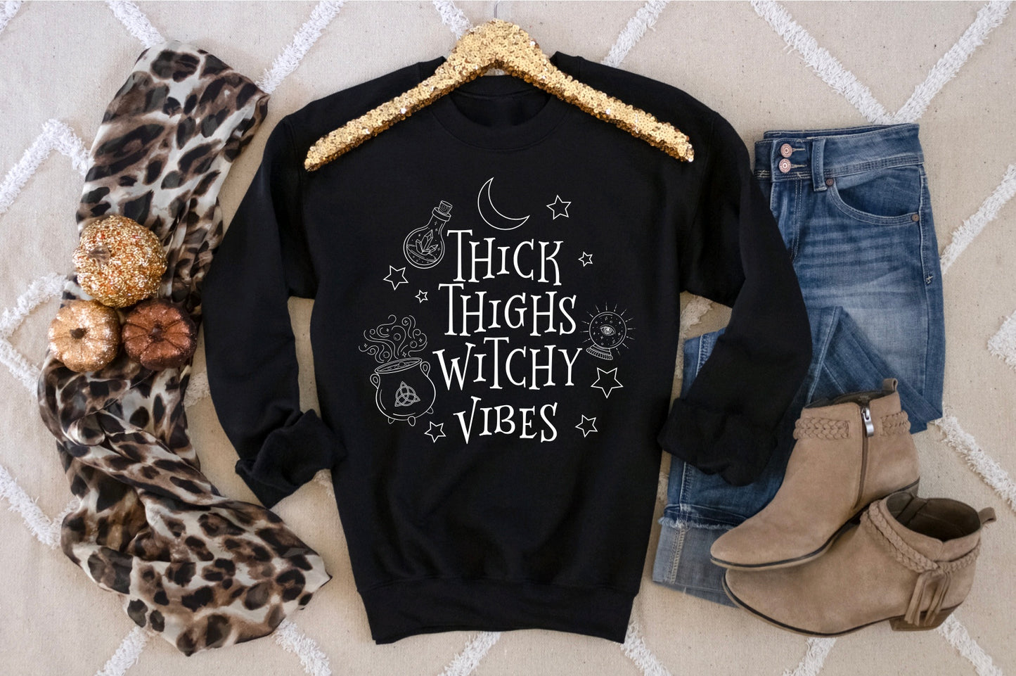  Women's Thick Thighs Witchy Vibes Black Crewneck Sweater