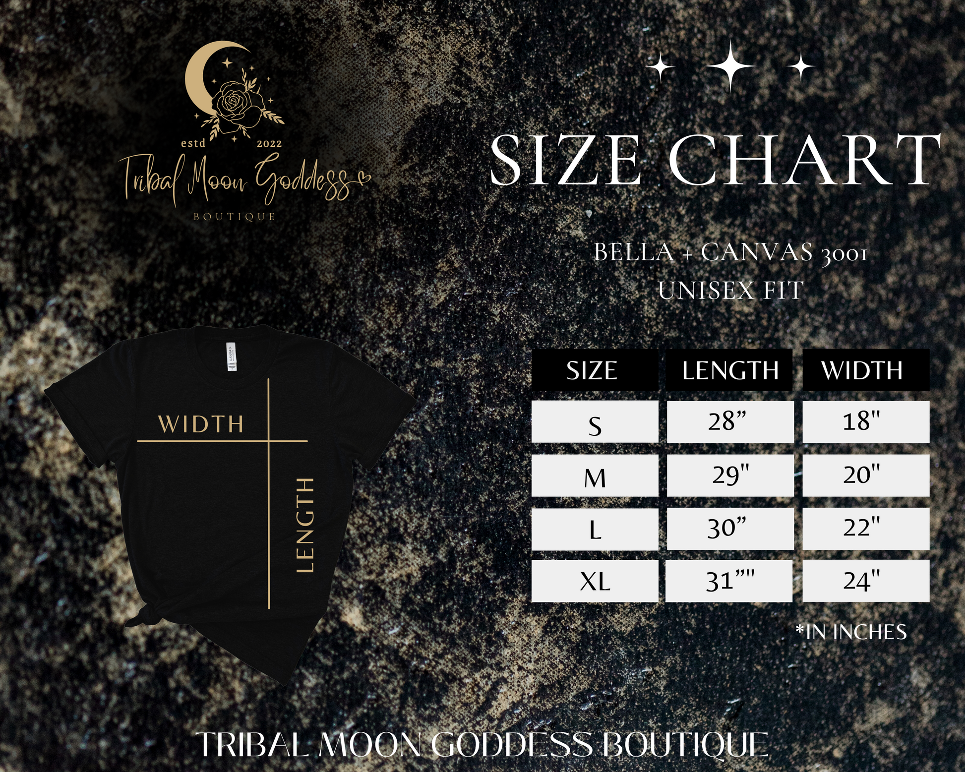 Tribal Moon Goddess Boutique Size Chart